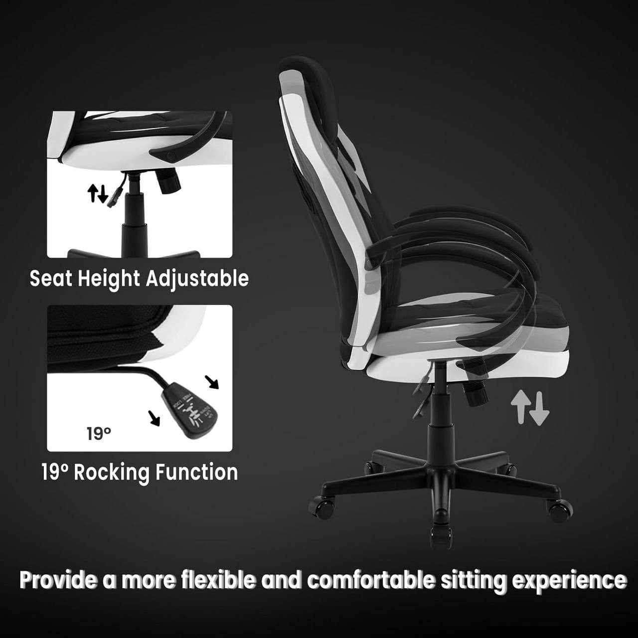 24goodz Gaming Chair - Ergonomic Support - Durable Metal Frame - PU and Mesh - For Adults and Teens - White + Black