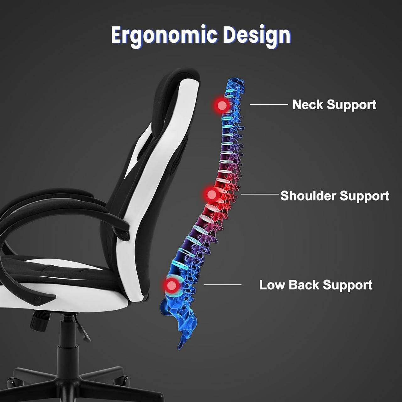 24goodz Gaming Chair - Ergonomic Support - Durable Metal Frame - PU and Mesh - For Adults and Teens - White + Black