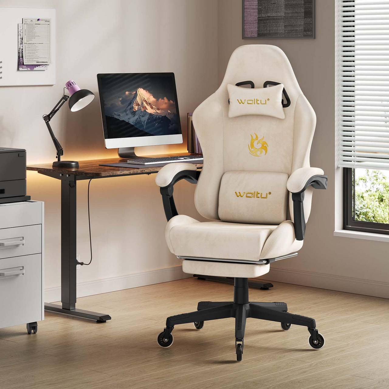 24goodz Ergonomic Gaming Chair - Intelligent Connected Armrests - 4D Adaptive System - PU - For Gamers and Home Office - Cream - cm