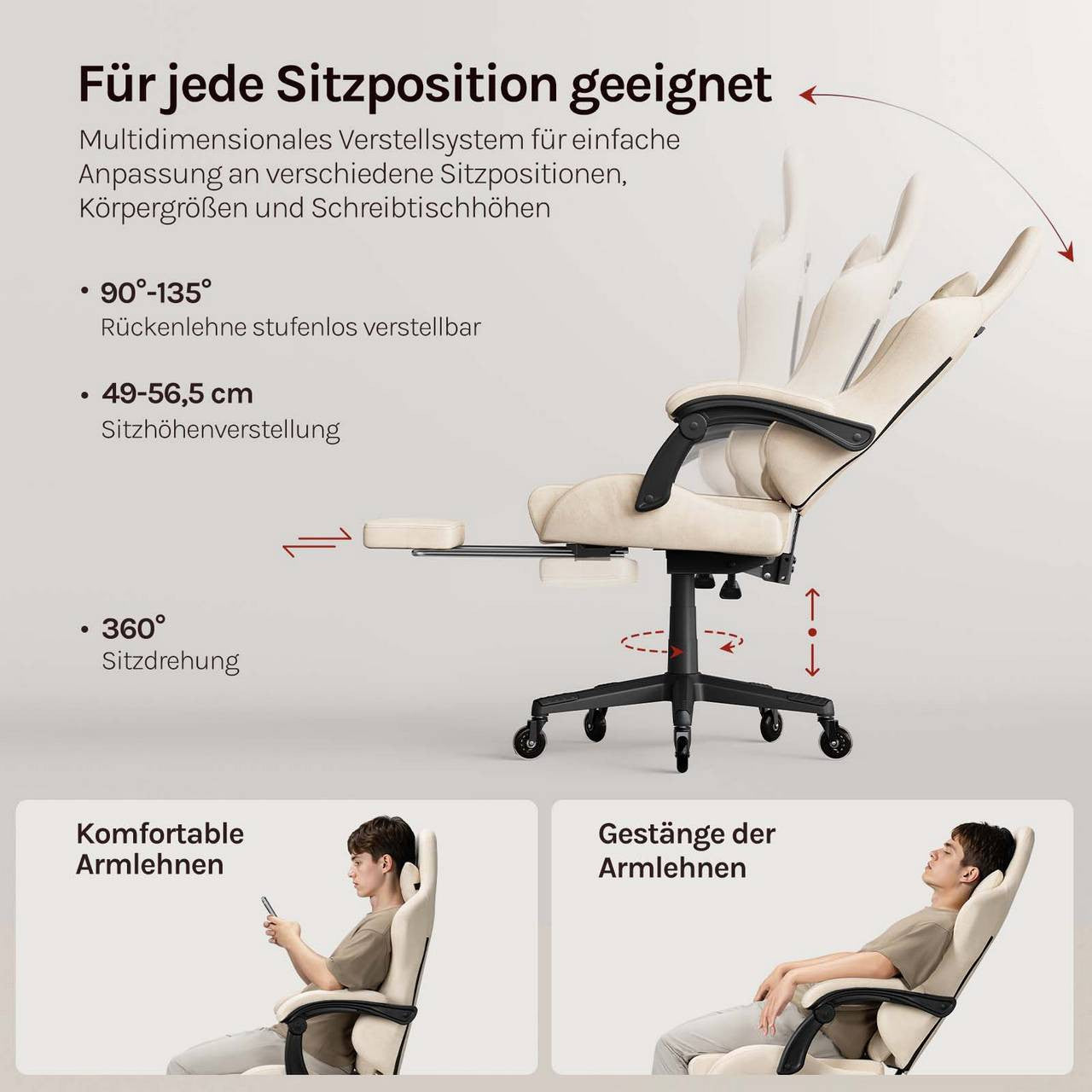 24goodz Ergonomic Gaming Chair - Intelligent Connected Armrests - 4D Adaptive System - PU - For Gamers and Home Office - Cream - cm
