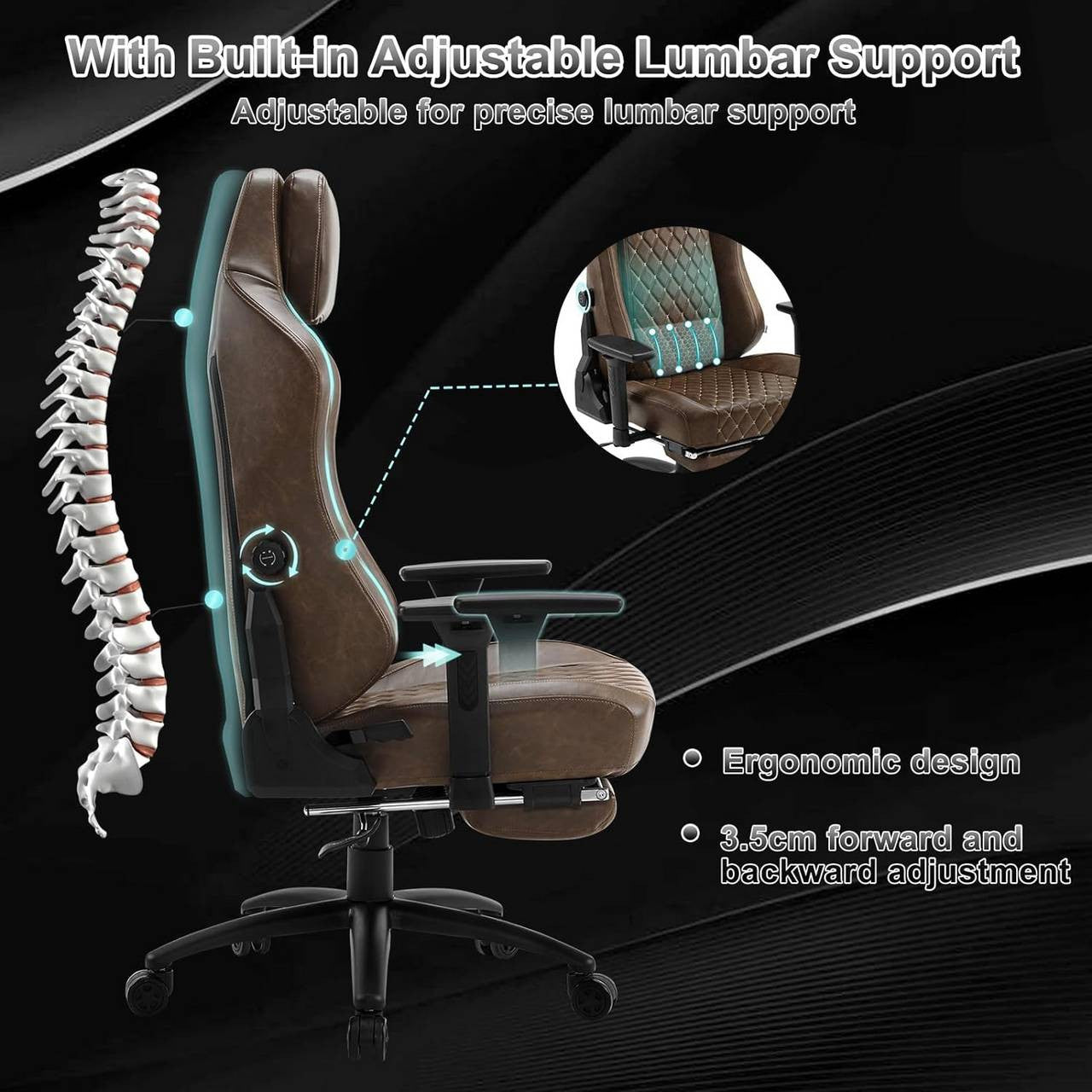 24goodz Gaming Chair with Adaptive Lumbar Support - Ergonomic Design - Vintage Faux Leather - For Gamers and Home Office - Brown