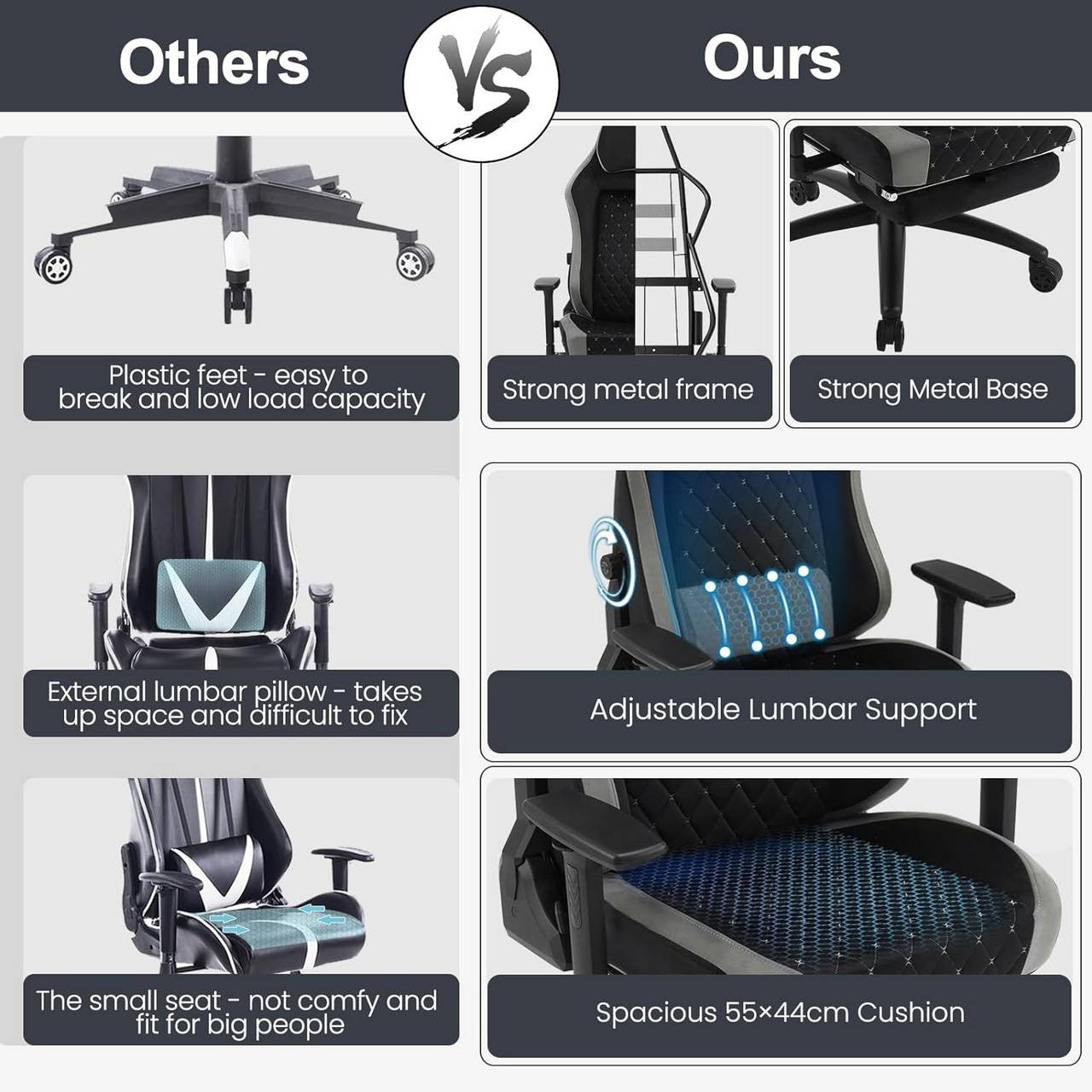 24goodz Gaming Chair with Adaptive Lumbar Support - Ergonomic Design - Velvet Upholstery - For Gamers - Black + Grey