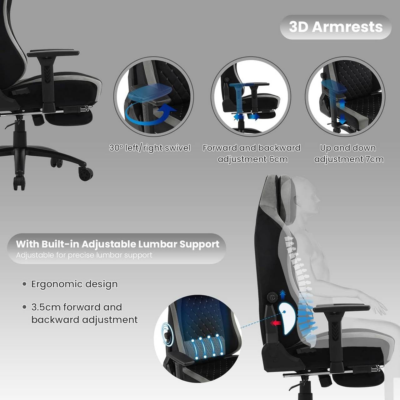 24goodz Gaming Chair with Adaptive Lumbar Support - Ergonomic Design - Velvet Upholstery - For Gamers - Black + Grey