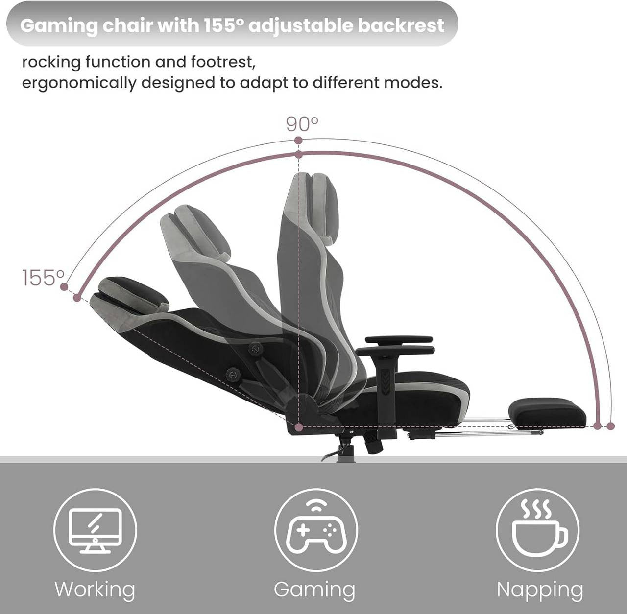 24goodz Gaming Chair with Adaptive Lumbar Support - Ergonomic Design - Velvet Upholstery - For Gamers - Black + Grey