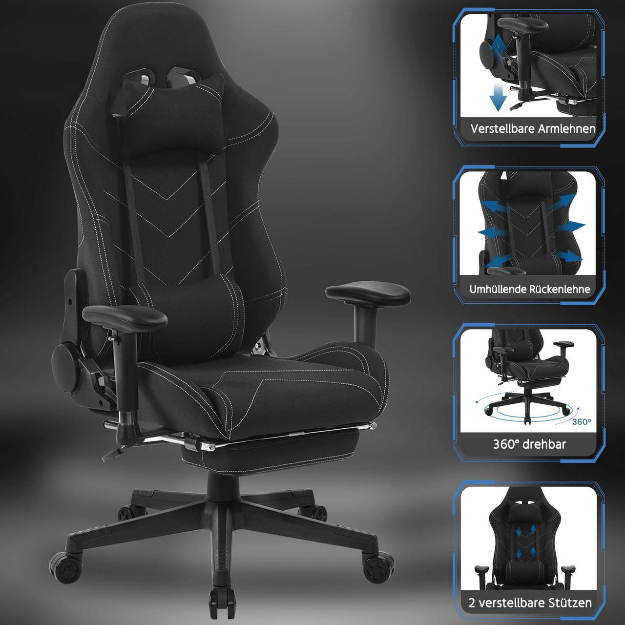 24goodz Gaming Chair with Headrest - Ergonomic Design - Durable Materials - Black - Sz