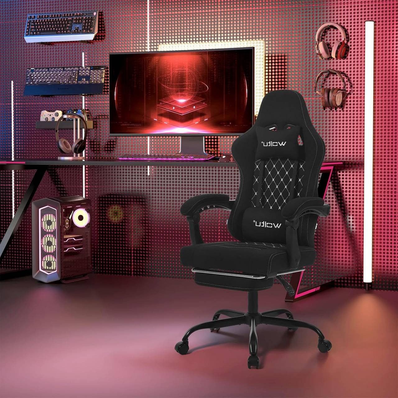 24goodz Gaming Chair with Massage Function - Ergonomic Design - Durable Mesh Fabric - For Gamers - Black