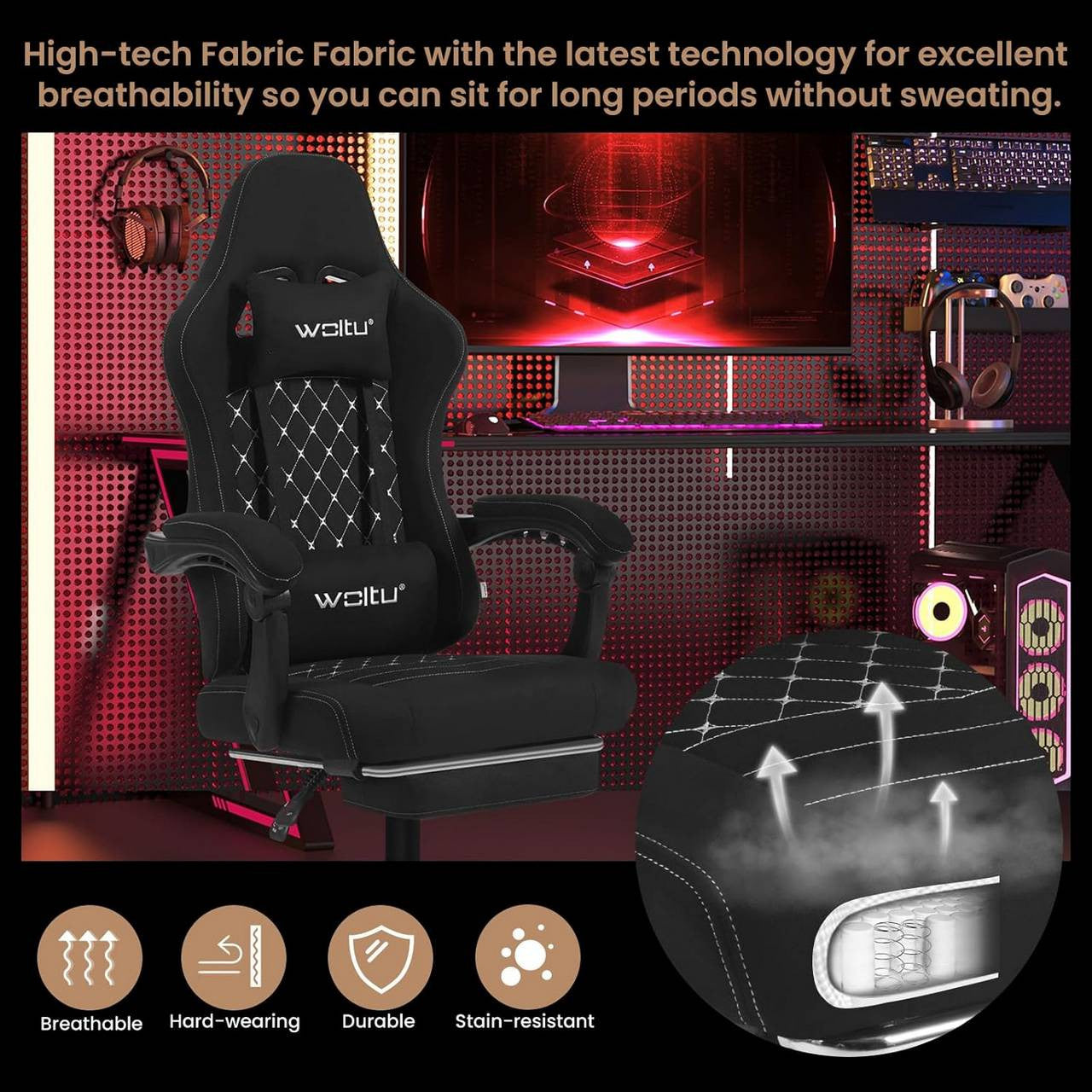 24goodz Gaming Chair with Massage Function - Ergonomic Design - Durable Technical Fabric - For Gamers - Black