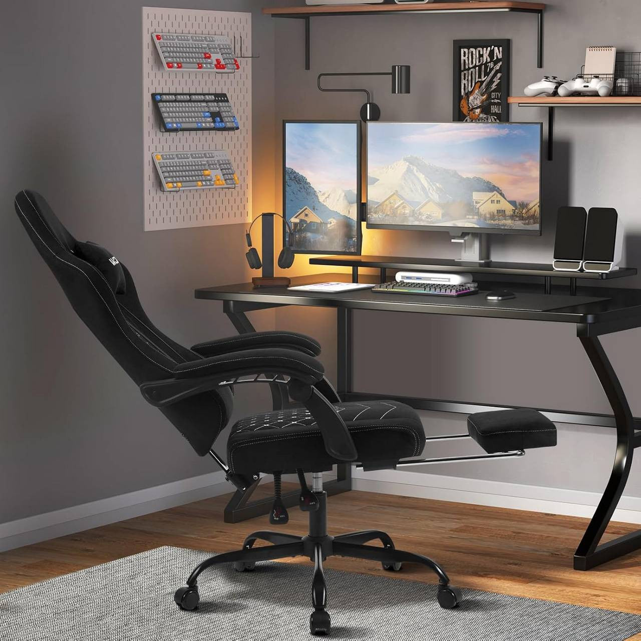 24goodz Gaming Chair with Massage Function - Ergonomic Design - Durable Technical Fabric - For Gamers - Black