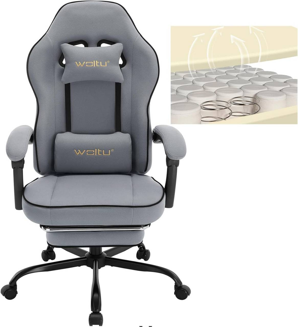 24goodz Gaming Chair with Pocket Spring Cushion - Breathable Comfort - Ergonomic Design - Metal Frame - For Gamers - Grey