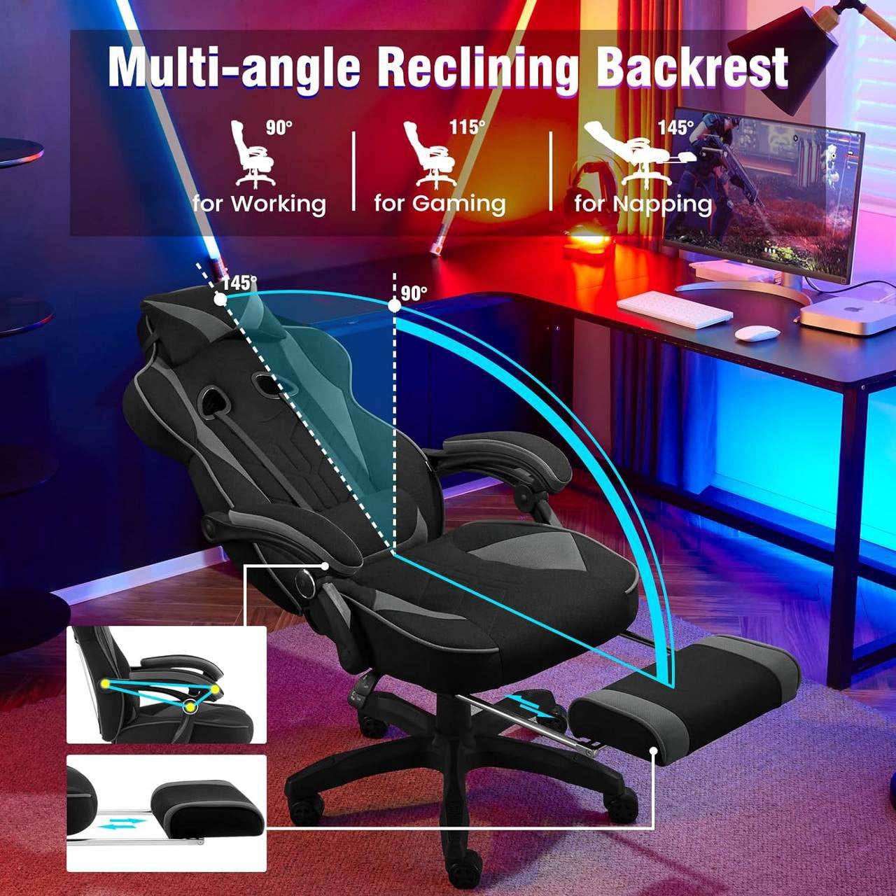 24goodz Gaming Chair - Breathable Fabric for Comfort - Ergonomic Design - Elastic Fabric - Grey