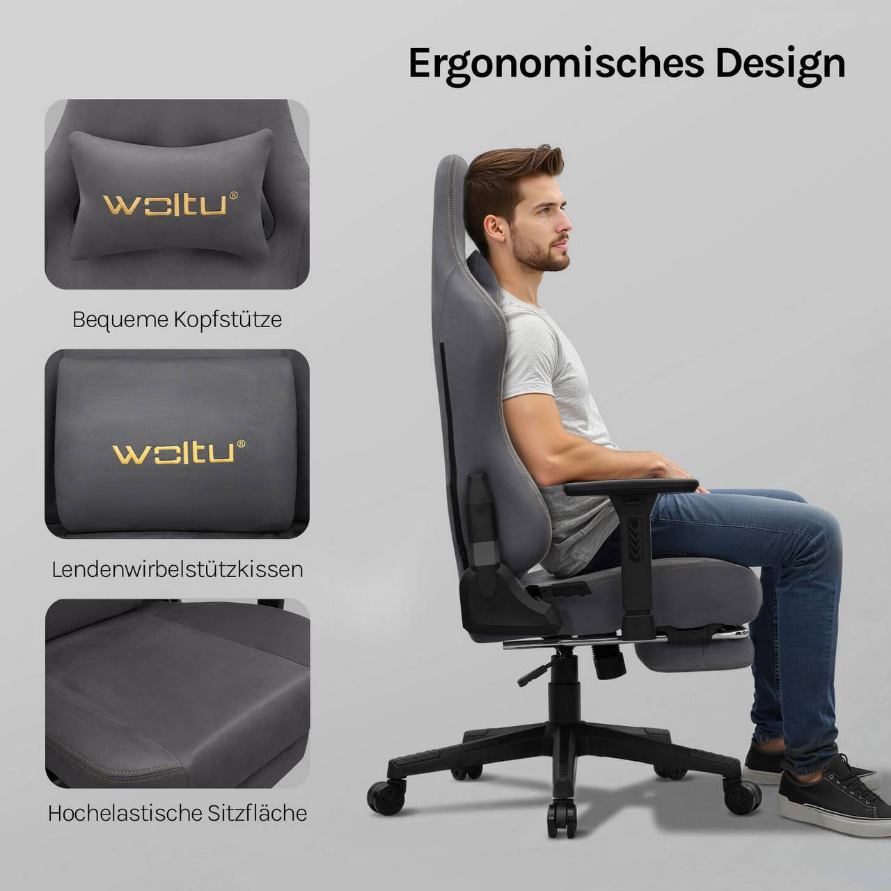 24goodz Ergonomic Gaming Chair - Ultimate Comfort - Multifunctional - High-Density Foam - For Gamers and Home Office - Grey