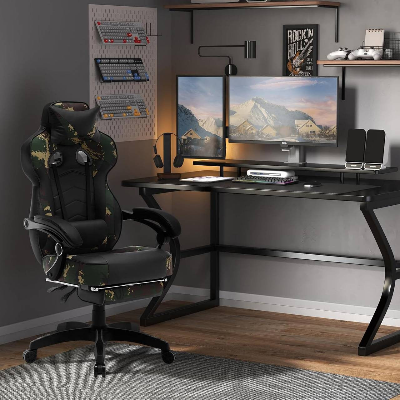 24goodz Gaming Chair with Headrest, Lumbar Support and Footrest - Adjustable Comfort - Ergonomic Design - PU Leather - For Gamers - Black + Camouflage - cm
