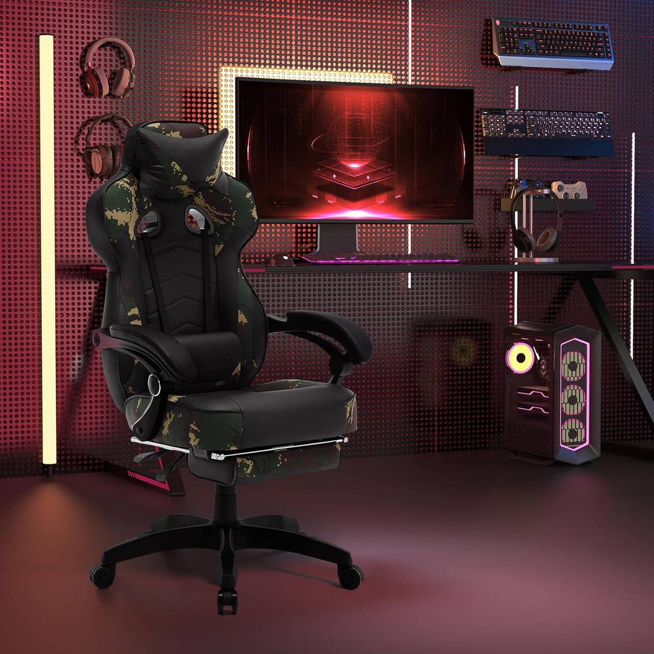 24goodz Gaming Chair with Headrest, Lumbar Support and Footrest - Adjustable Comfort - Ergonomic Design - PU Leather - For Gamers - Black + Camouflage - cm