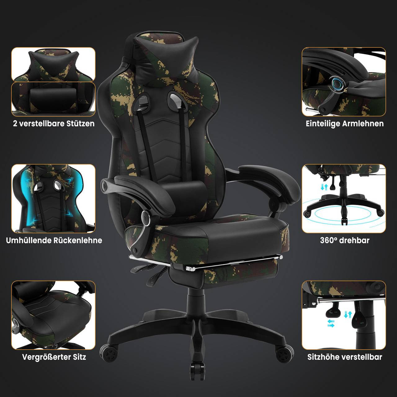 24goodz Gaming Chair with Headrest, Lumbar Support and Footrest - Adjustable Comfort - Ergonomic Design - PU Leather - For Gamers - Black + Camouflage - cm