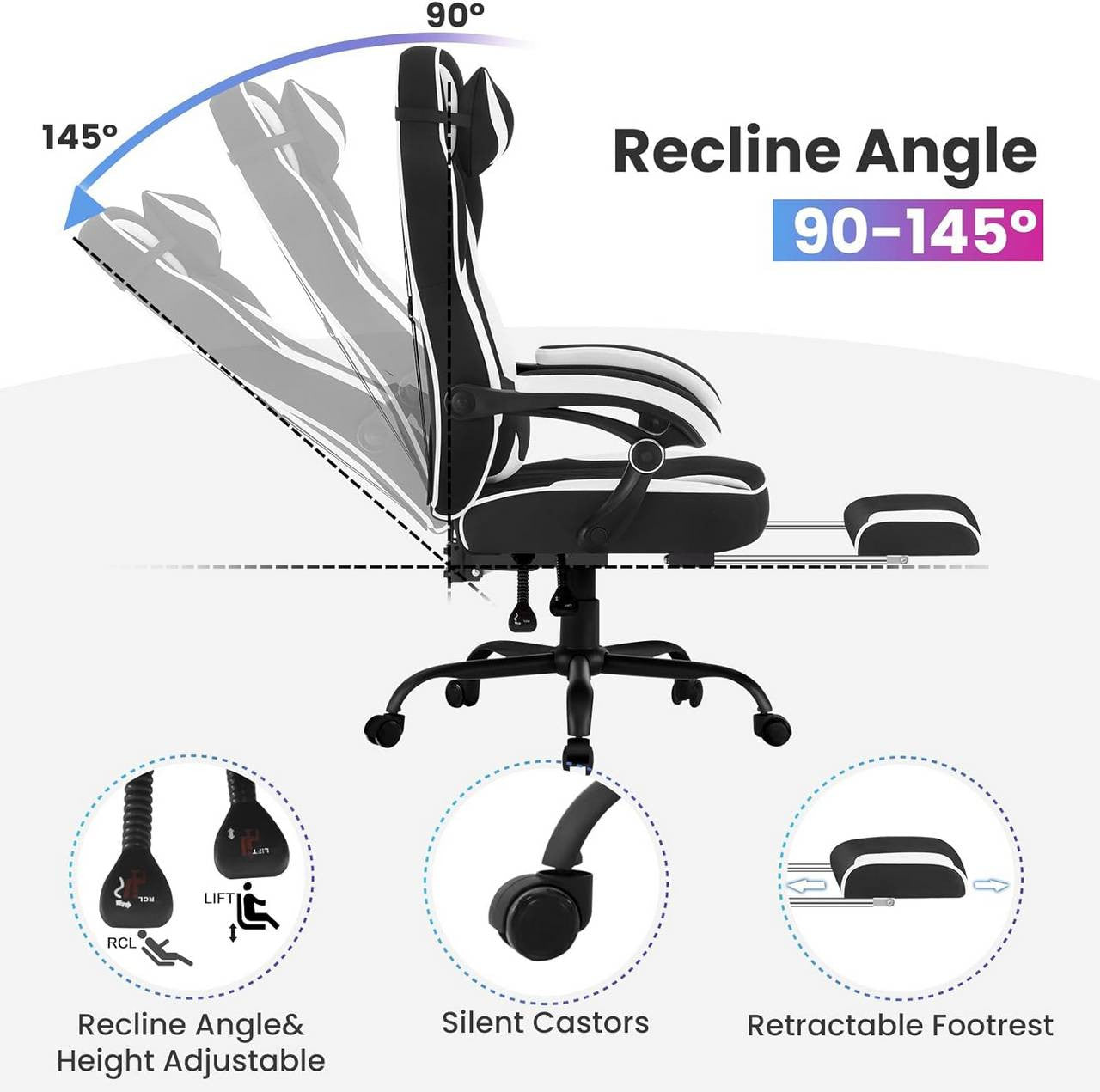 24goodz Gaming Chair with Pocket Spring Cushion - Ergonomic Design - Adjustable Footrest - Mesh and Metal - For Gamers - Black + White