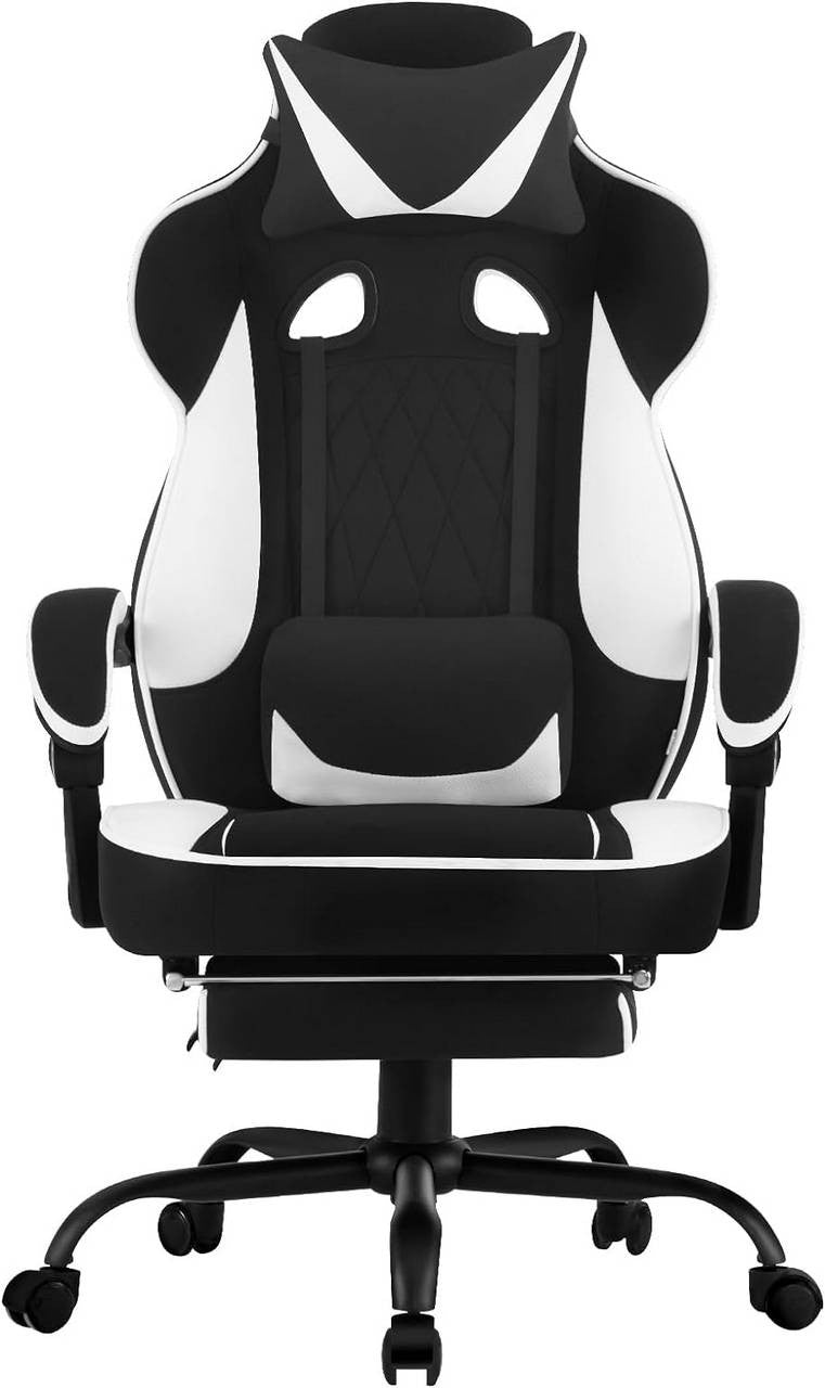 24goodz Gaming Chair with Pocket Spring Cushion - Ergonomic Design - Adjustable Footrest - Mesh and Metal - For Gamers - Black + White