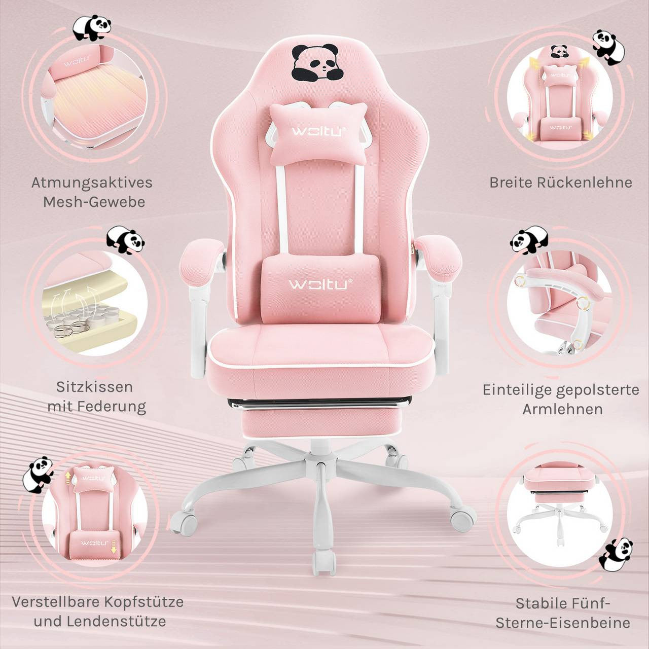 24goodz Gaming Chair - Breathable Comfort - Ergonomic Design - Mesh Fabric - For Gamers - Pink