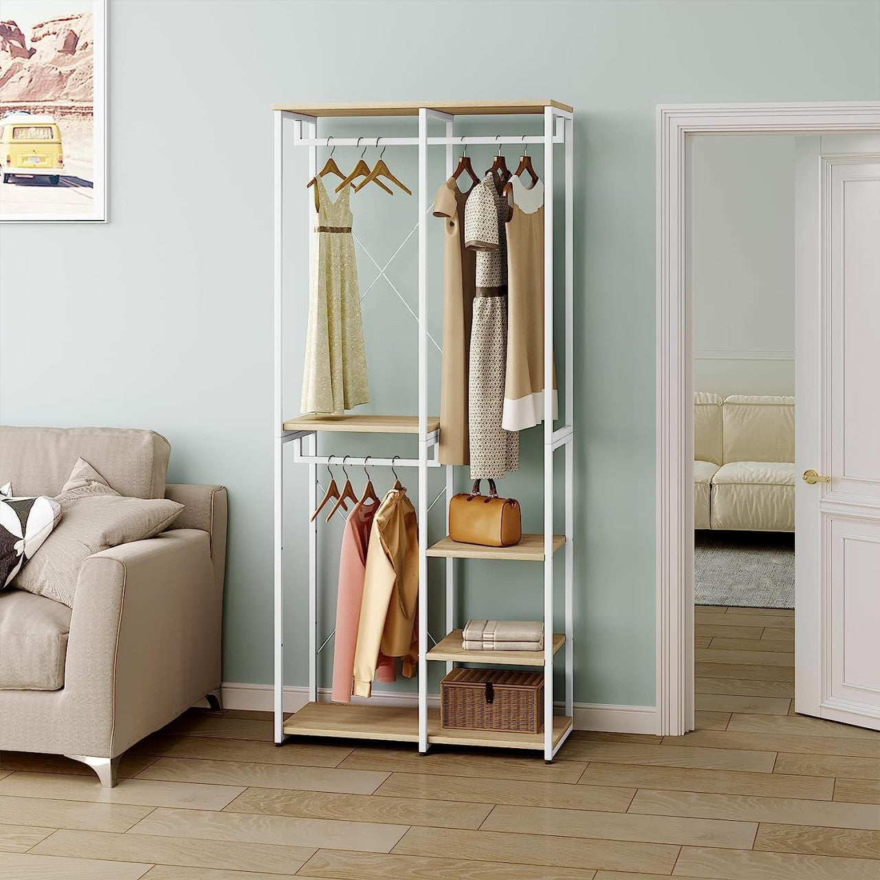 24goodz Clothes Rack with Shelf - Practical Storage Solution - Durable MDF and Steel - For Home Use - White Oak - whe