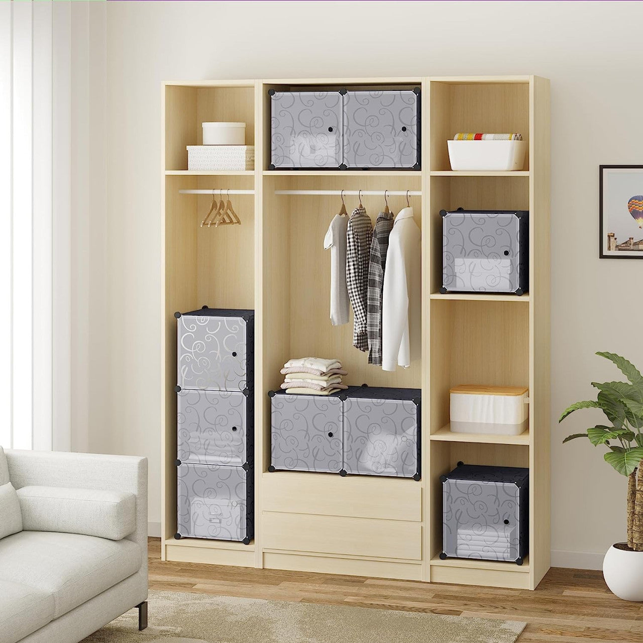 24goodz Modular Wardrobe - Ample Storage Space - Easy DIY Assembly - PP + Steel - Black - 111 x 111 x 35 cm - sz