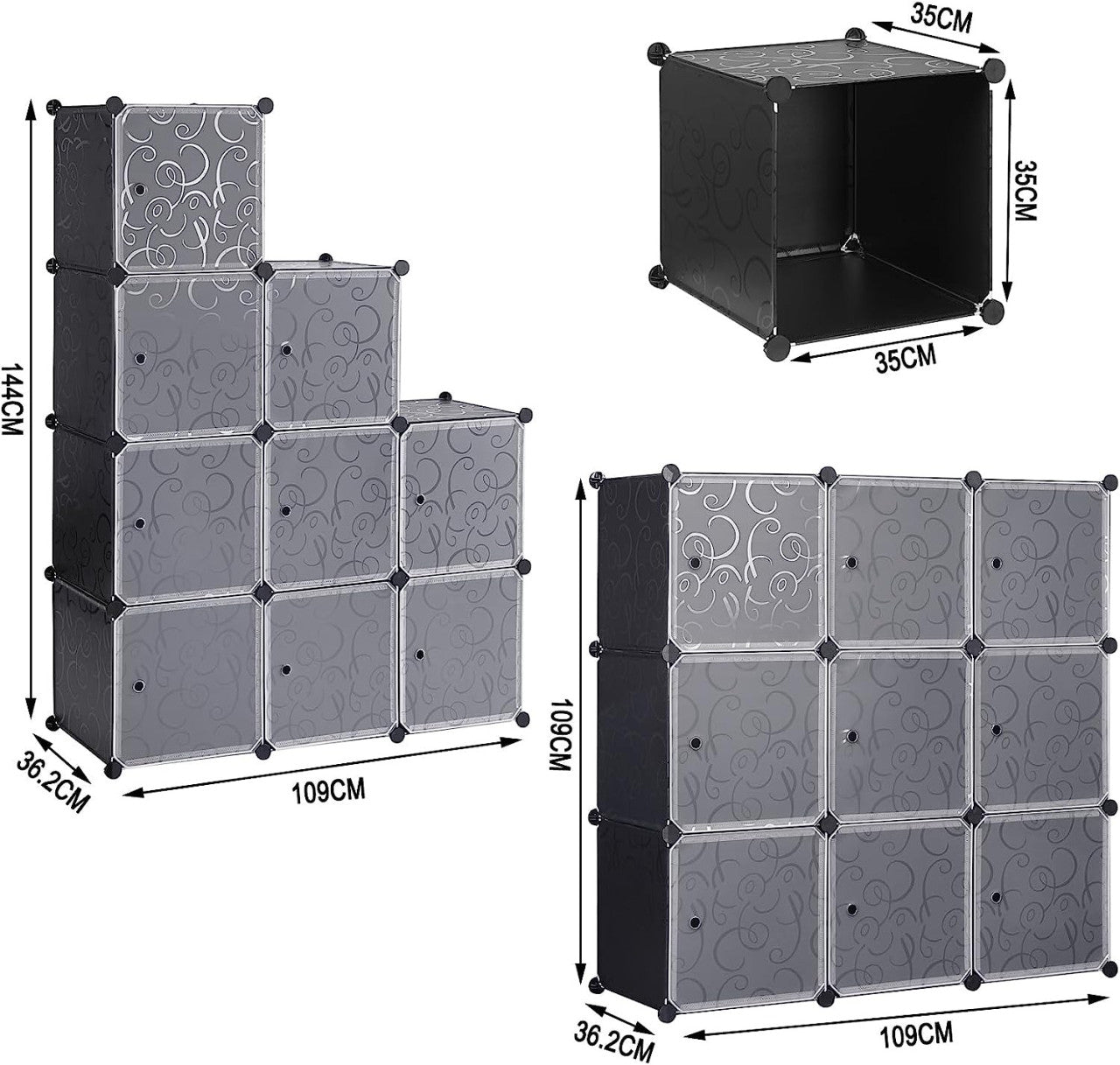 24goodz Modular Wardrobe - Ample Storage Space - Easy DIY Assembly - PP + Steel - Black - 111 x 111 x 35 cm - sz