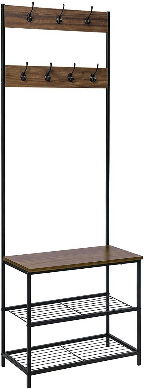 24goodz Coat Rack and Shoe Bench - 3-in-1 Design - Sturdy Metal Frame - MDF - For Entryways - Dark Wood Look - dc