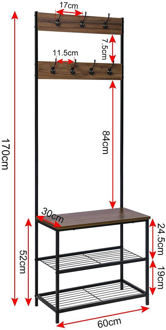 24goodz Coat Rack and Shoe Bench - 3-in-1 Design - Sturdy Metal Frame - MDF - For Entryways - Dark Wood Look - dc