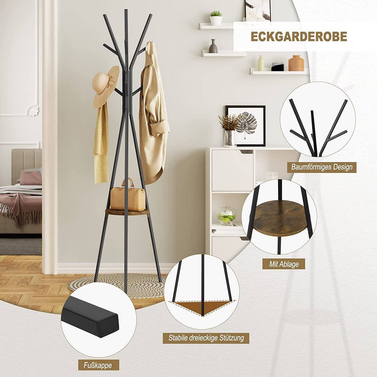 24goodz Tree-Shaped Coat Rack - Stylish Organization Solution - Rust-Proof Metal Frame - For Home and Hotel - Black - sdc