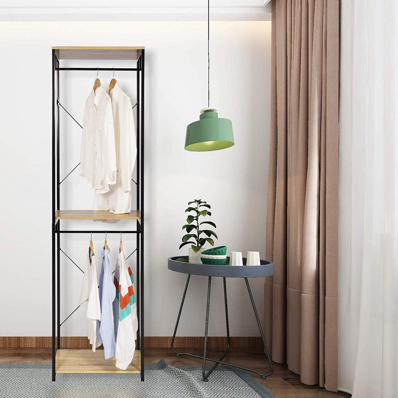 24goodz Wooden and Metal Coat Rack with Shelf - Multifunctional Design - High Storage Capacity - MDF - Indoor Use - Black + Light Oak - hei