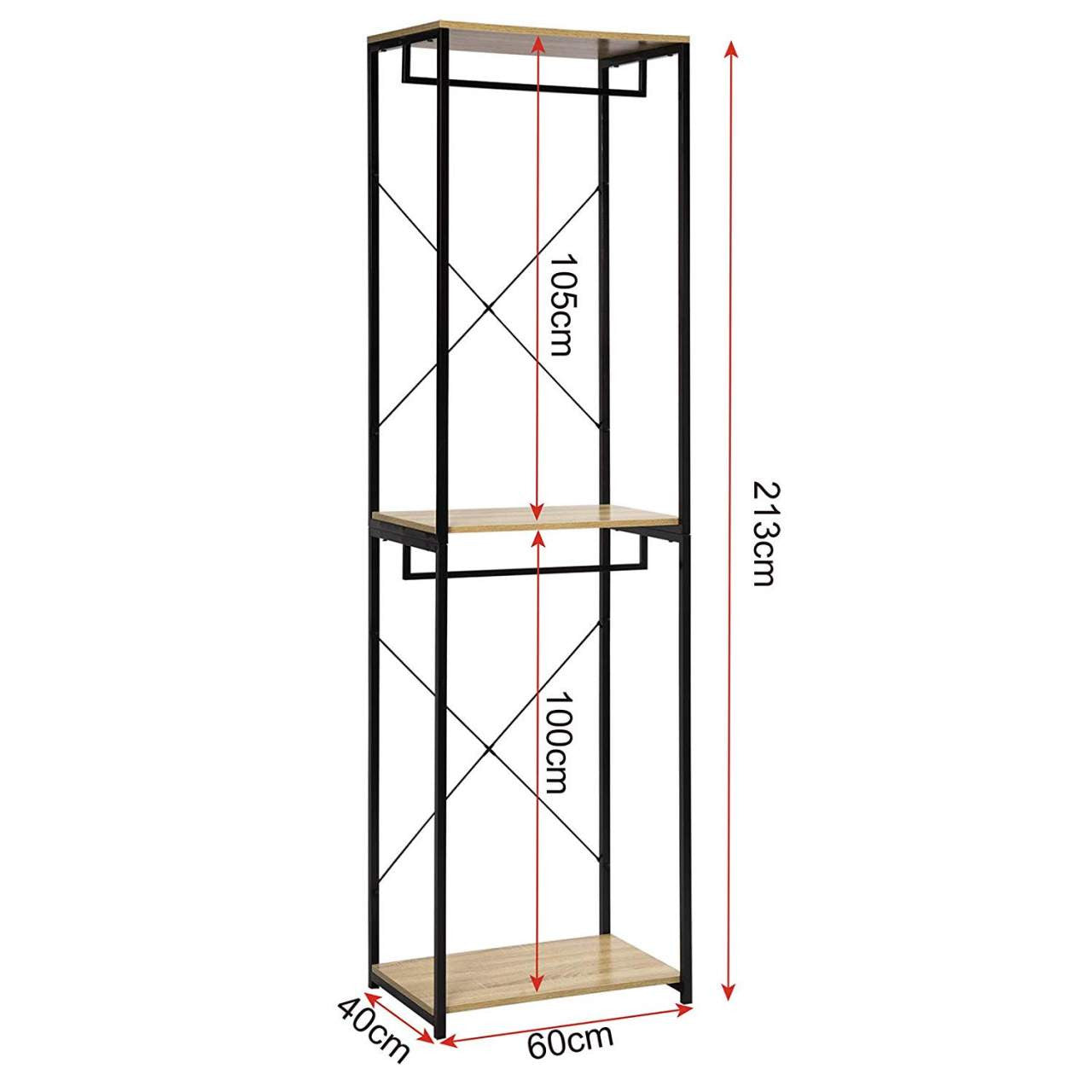 24goodz Wooden and Metal Coat Rack with Shelf - Multifunctional Design - High Storage Capacity - MDF - Indoor Use - Black + Light Oak - hei