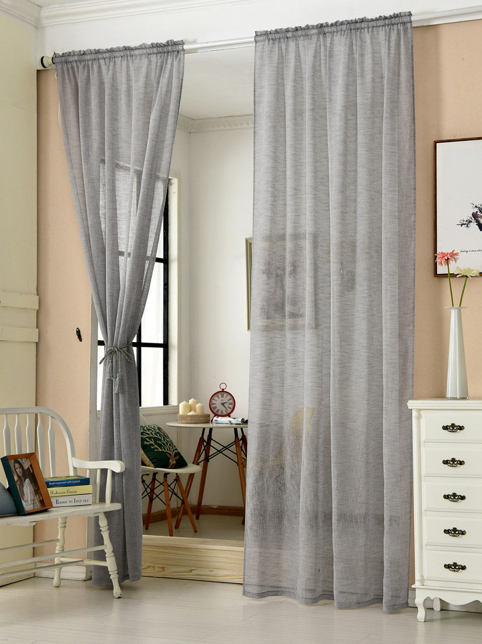 24goodz Transparent Curtain with Ruffles - Durable Linen Look - 100% Polyester - For Home Decoration - Dark Grey - 140x225 cm - dgr