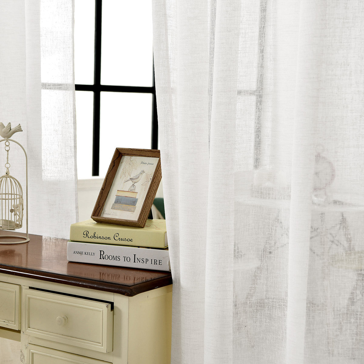 24goodz Sheer Curtains with Ruffles - Elegant Linen Look - 100% Polyester - For Living Room and Bedroom - White 140x145 cm - ws