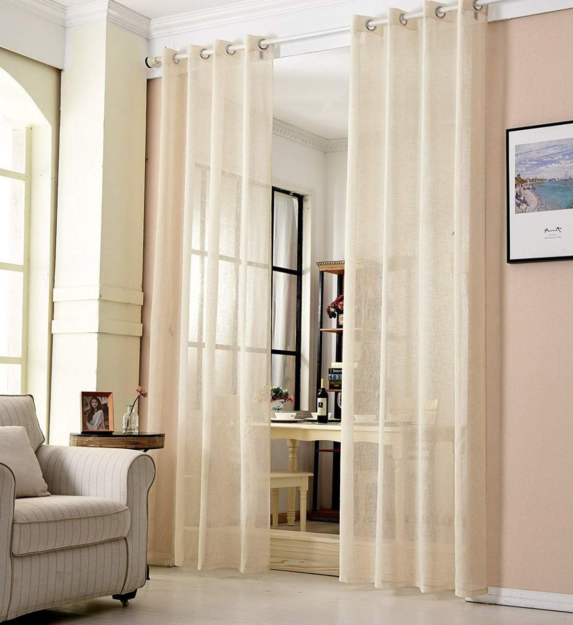 24goodz Transparent Curtains Set of 2 - Elegant Linen Look - 100% Polyester - For Living Room and Bedroom - Sand 140x245 cm - sd