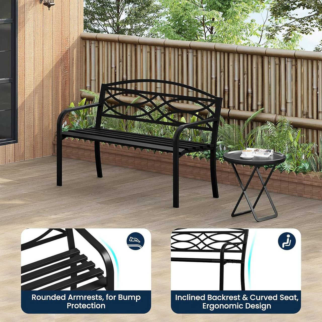 24goodz Metal Garden Bench - Ergonomic Comfort - Durable & Weatherproof - Metal - For 2 to 3 People - Black