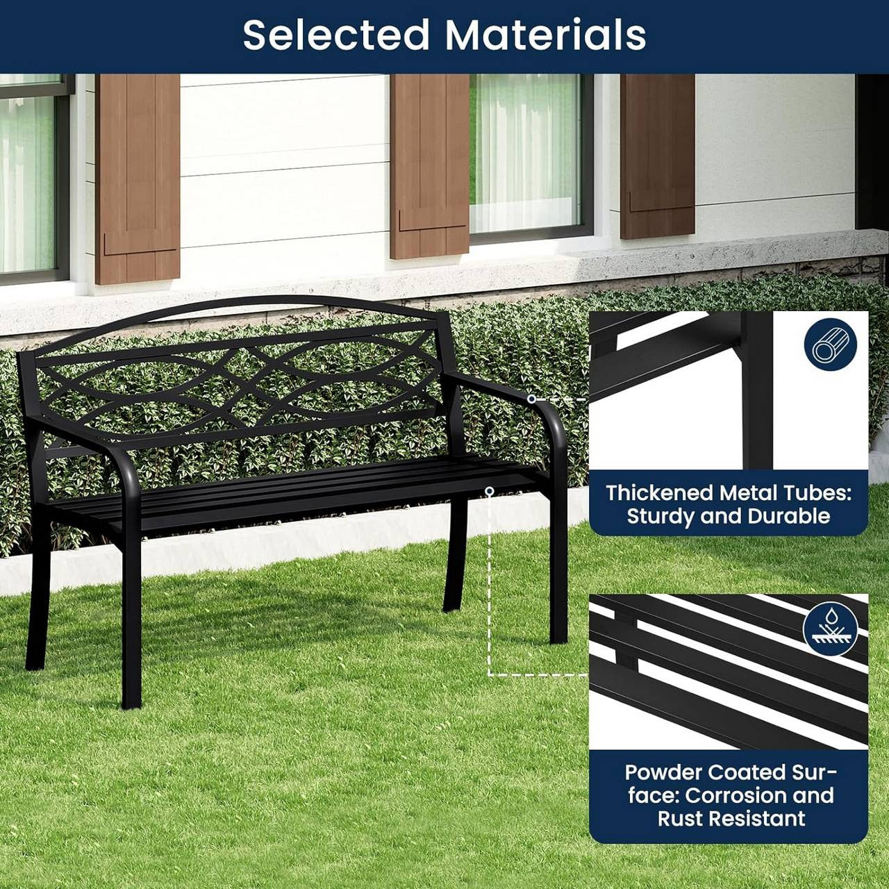 24goodz Metal Garden Bench - Ergonomic Comfort - Durable & Weatherproof - Metal - For 2 to 3 People - Black