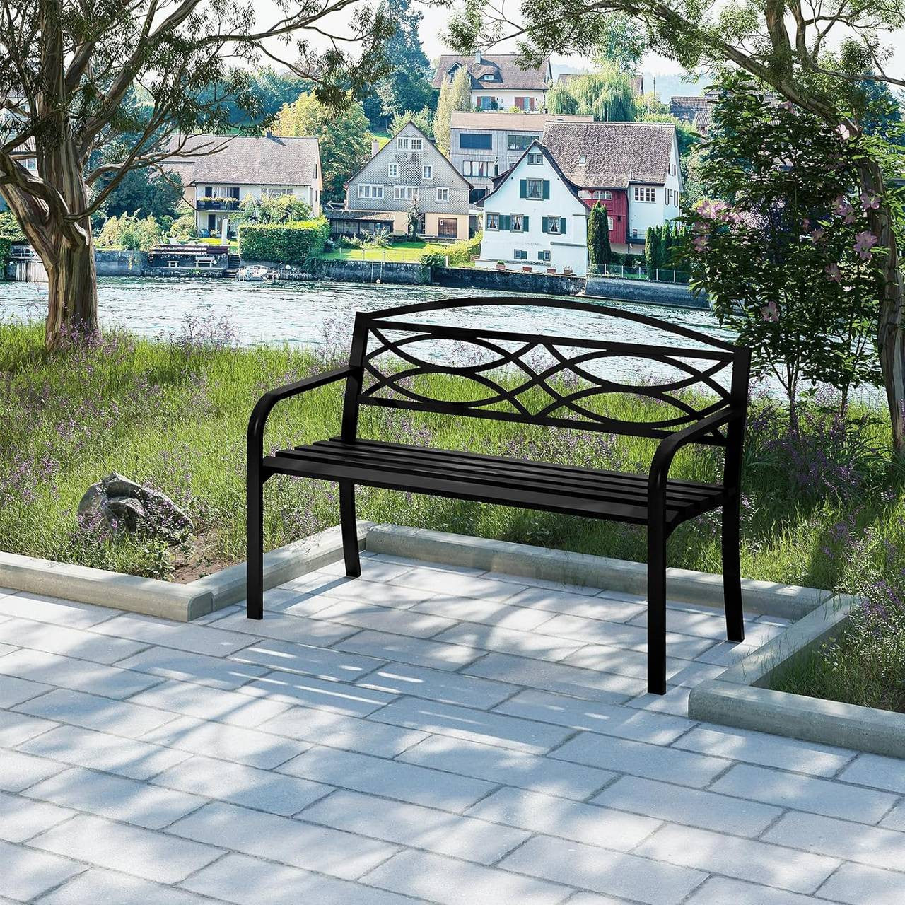 24goodz Metal Garden Bench - Ergonomic Comfort - Durable & Weatherproof - Metal - For 2 to 3 People - Black