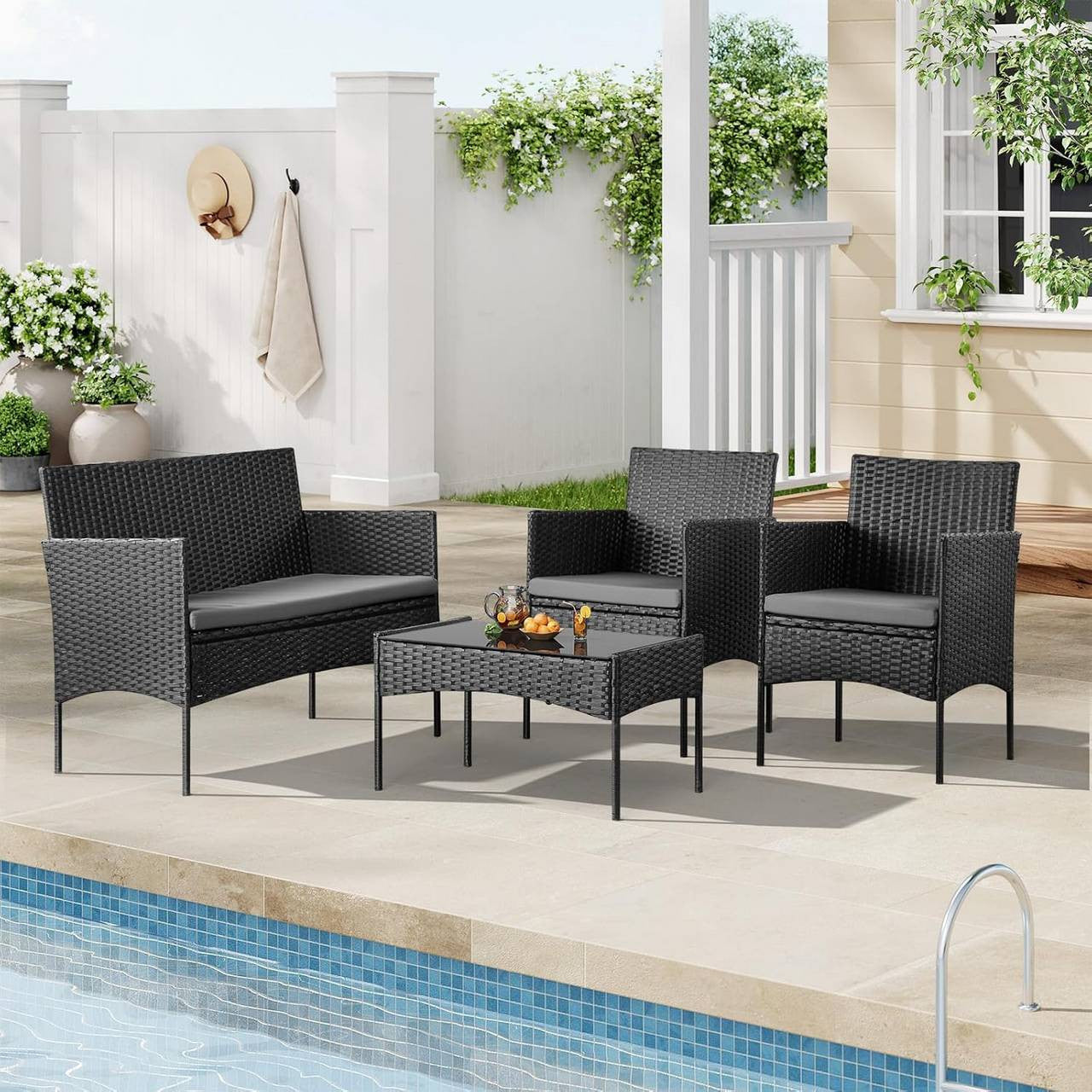 24goodz Outdoor Furniture Set for 4 People - Durable & Weather-Resistant - PE Rattan - For Outdoor Lovers - Black