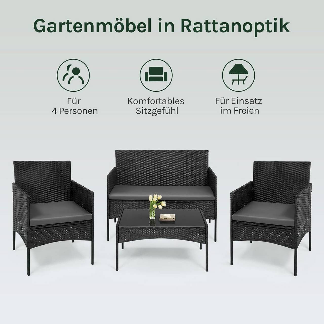 24goodz Outdoor Furniture Set for 4 People - Durable & Weather-Resistant - PE Rattan - For Outdoor Lovers - Black