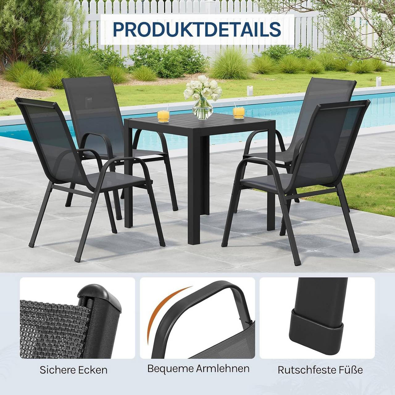 24goodz Stackable Garden Chairs - Ergonomic Comfort - Durable Teslin Material - Dark Grey - For Outdoor Relaxation