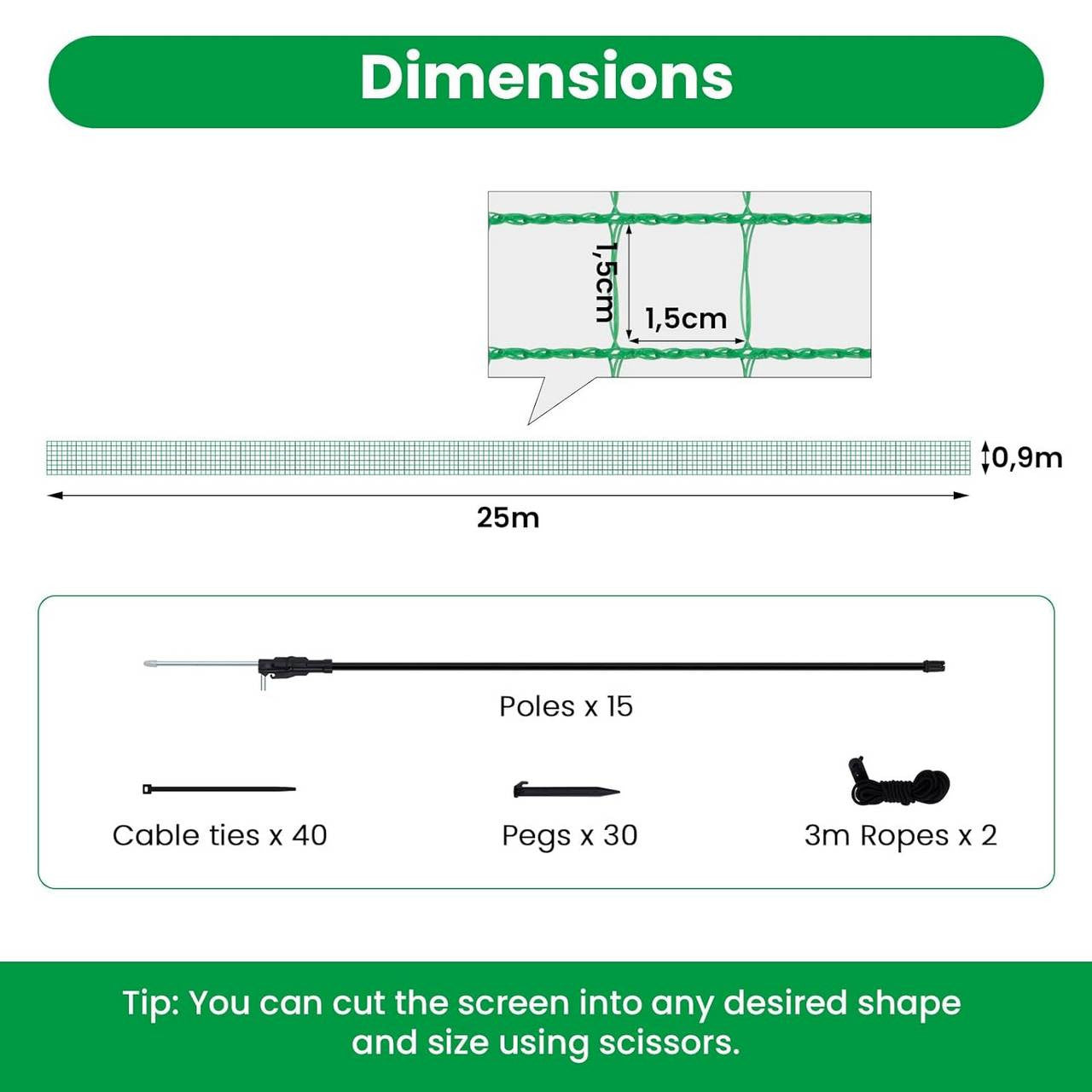 24goodz Garden Fence - Durable and Weather-Resistant - 53 g/m² PE - Green - 25x0.9 m