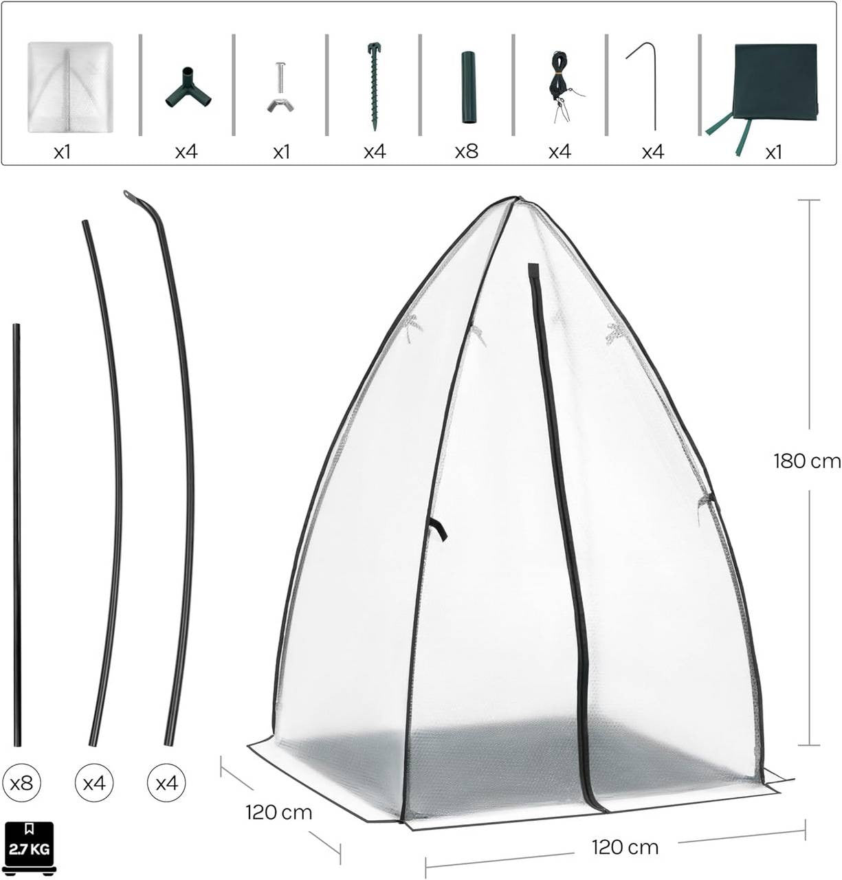 24goodz Mini Greenhouse - Durable and Tear-Resistant - Double-Sided Bubble Foil - For Plant Lovers - 120 x 180 x 120 cm - Dark Green Ground Cover