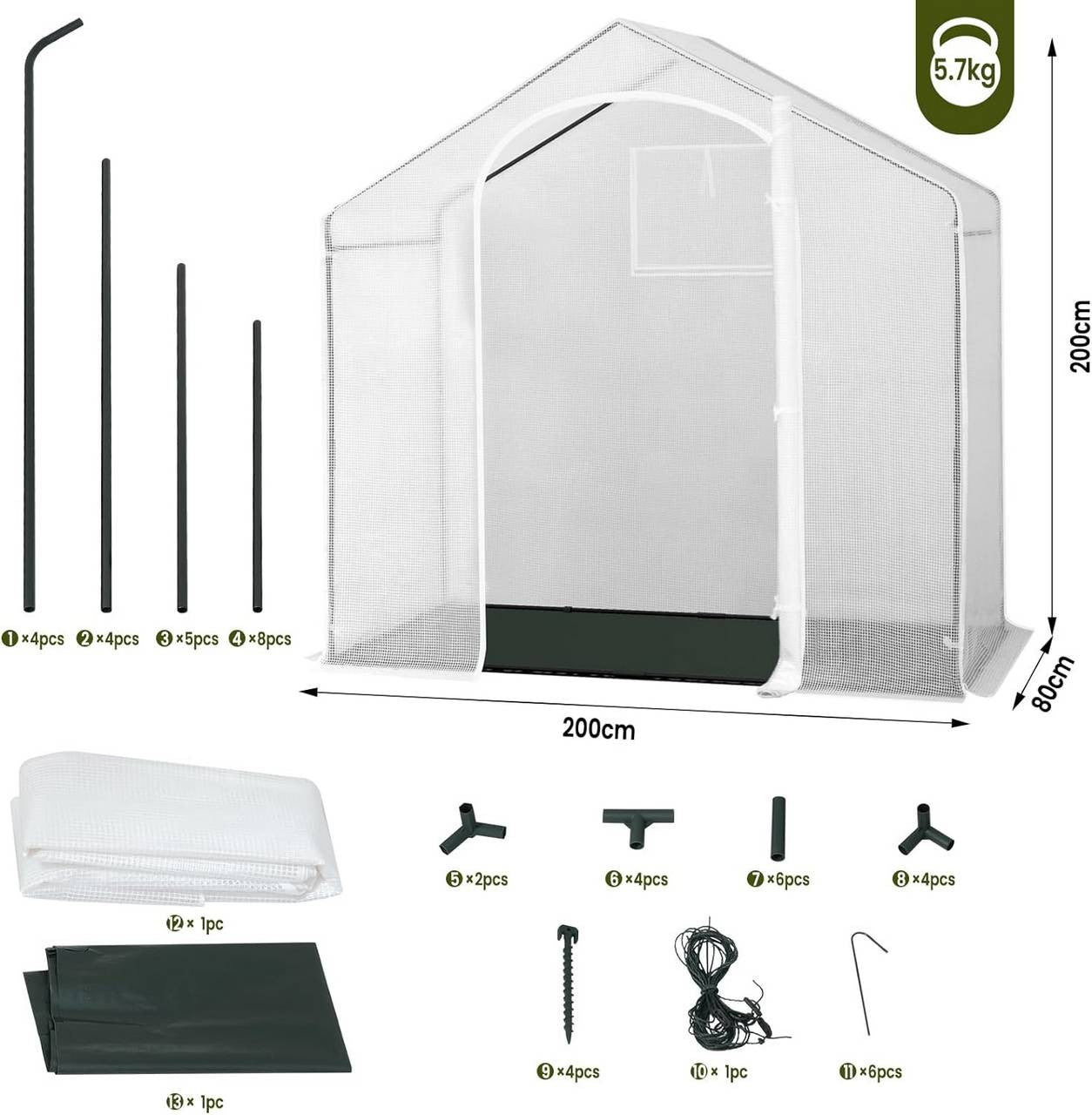 24goodz Greenhouse - Optimal Climate for Plants - Durable and Stable - Steel Tube - For Garden Enthusiasts - 200x80x200 cm - White