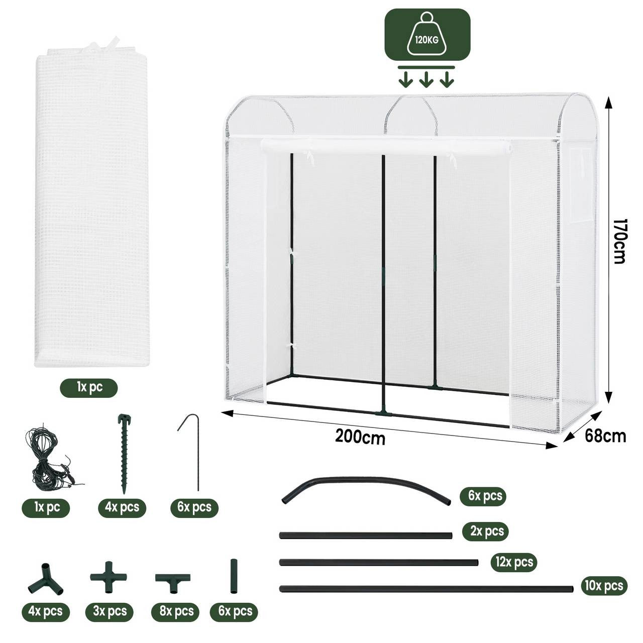 24goodz Greenhouse - Optimal Climate for Plants - Durable and Stable - Steel Pipe and PE - For Garden Enthusiasts - 170x68x200 cm - White