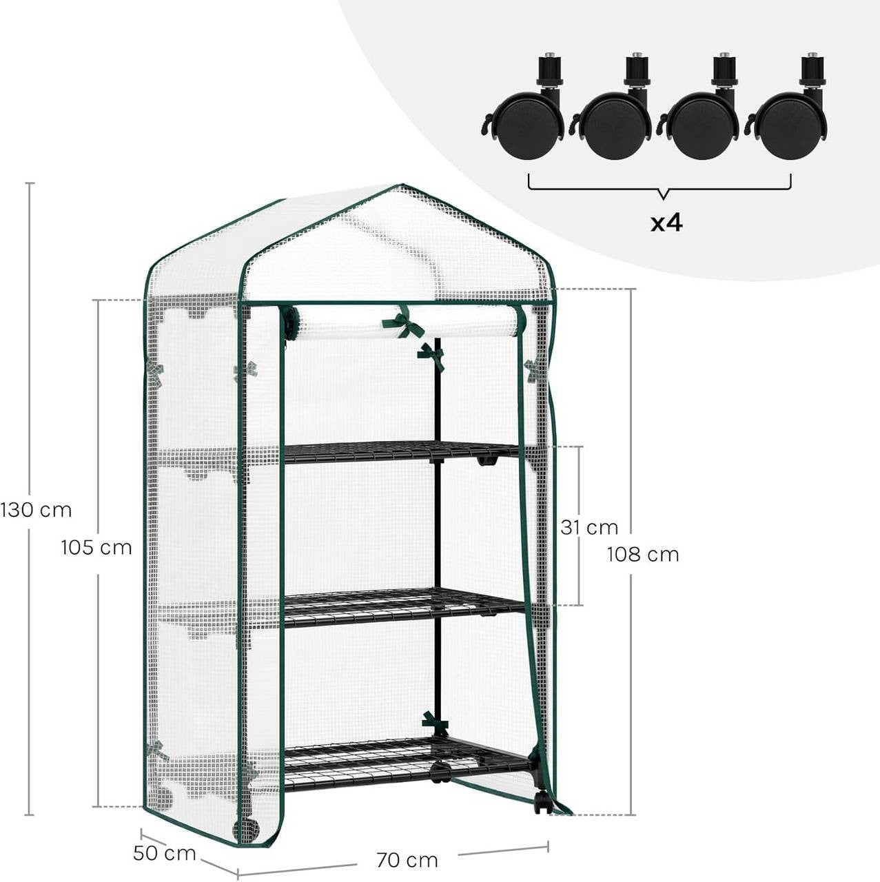 24goodz Mobile Greenhouse with 3 Shelves - Durable and Versatile - PE Mesh - For Plant Lovers - 70 x 130 x 50 cm - White
