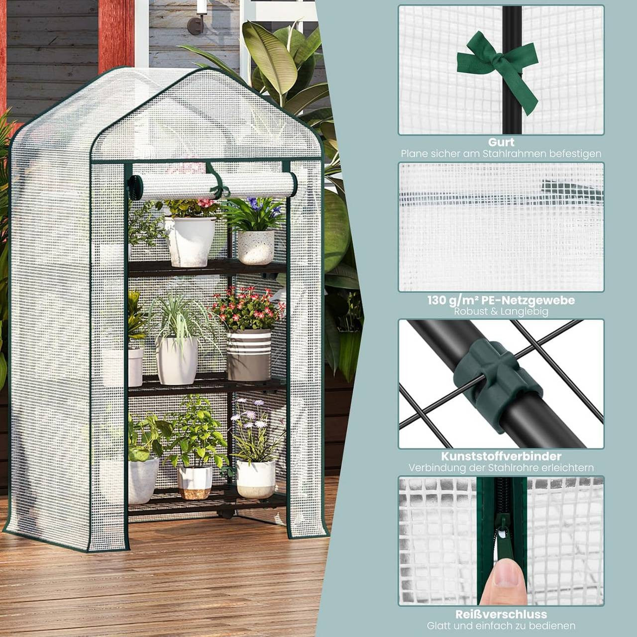 24goodz Mobile Greenhouse with 3 Shelves - Durable and Versatile - PE Mesh - For Plant Lovers - 70 x 130 x 50 cm - White