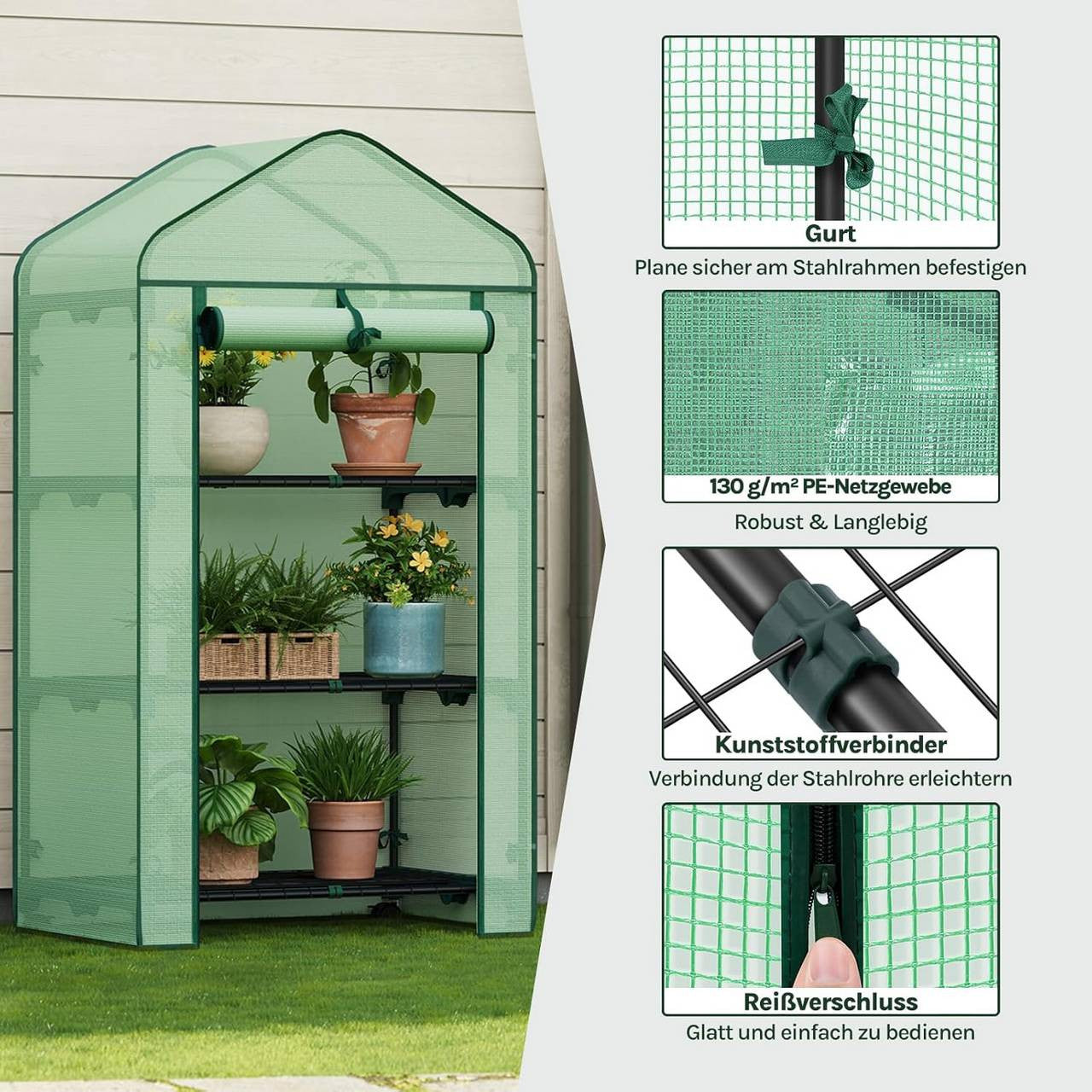 24goodz Portable Greenhouse with 3 Shelves - Durable and Weather-Resistant - 140 g/m² PE - For Plant Lovers - 70 x 130 x 50 cm