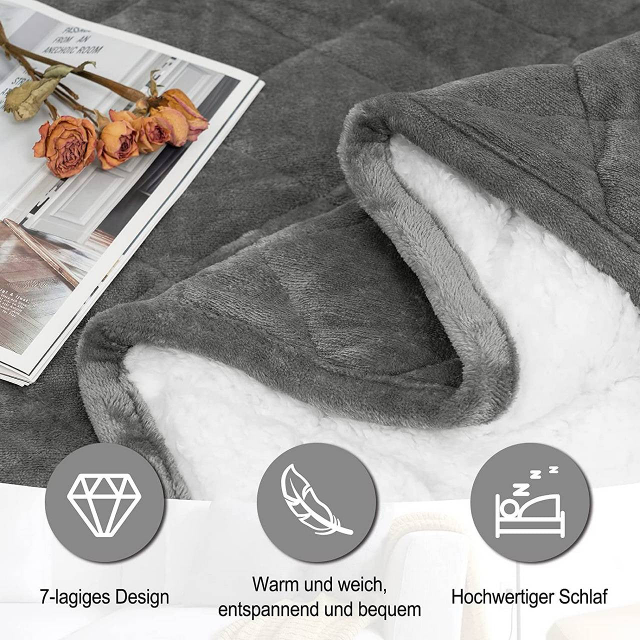24goodz Weighted Therapy Blanket - Stress Relief & Sleep Aid - Flannel and Sherpa - For Adults - Grey