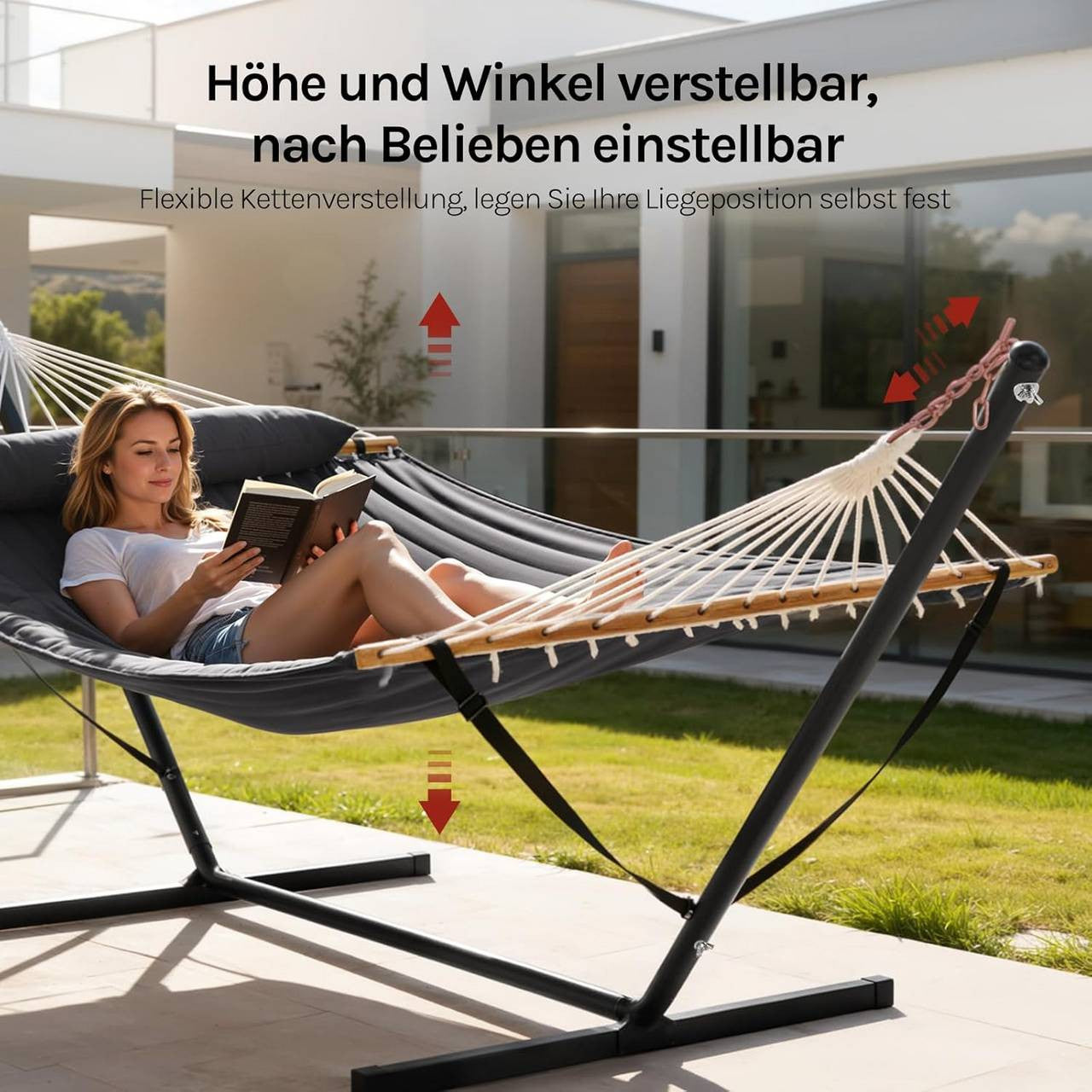 24goodz Hammock with Stand - Sturdy and Stable - Comfortable for Two - Metal + Polyester - Dark Grey