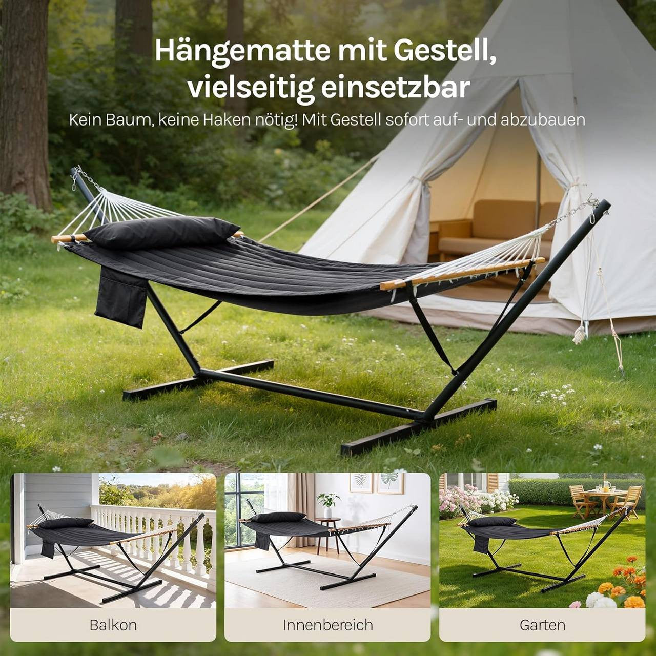 24goodz Hammock with Stand - Sturdy and Stable - Comfortable for Two - Metal + Polyester - Dark Grey