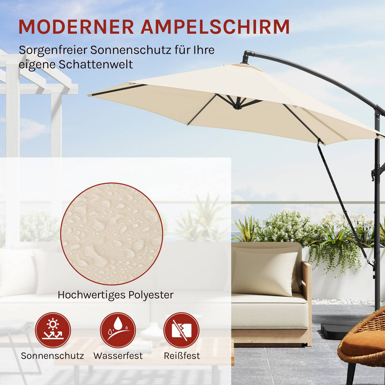 24goodz Hanging Garden Umbrella φ310cm - UV Protection - Adjustable Tilt - Metal and Polyester - Beige