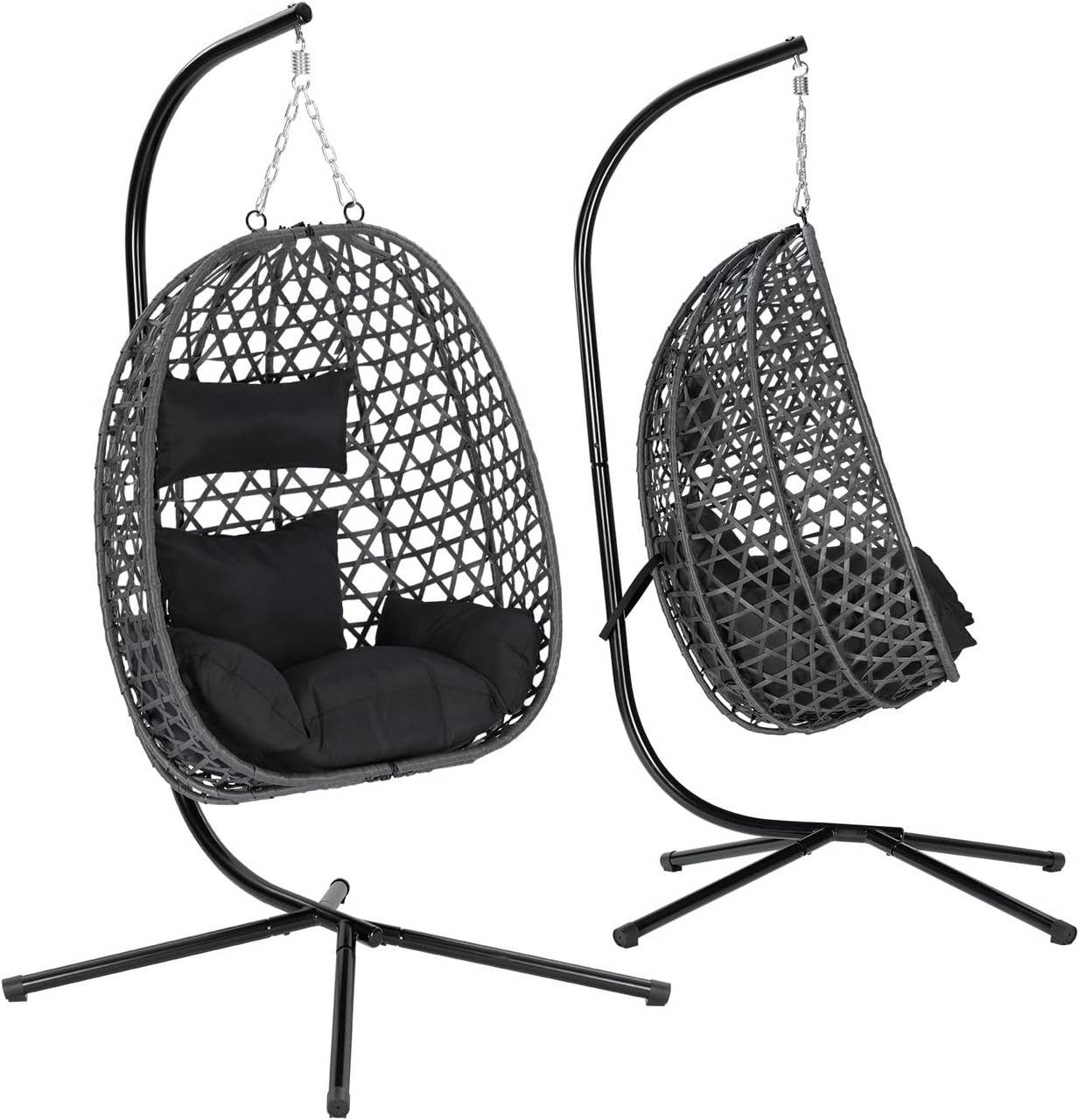 24goodz Hanging Chair with Frame - High Load Capacity - Adjustable Height - PE Rattan - For Indoor and Outdoor Use - Black/Grey